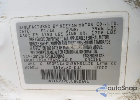 2018 Nissan Versa 1.6 S+ из США, поврежденный, VIN 3N1CN7AP0JL860846